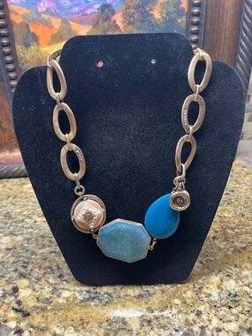 Chico's Gold-Tone Necklace with Turquoise, Teal and Beige Accents